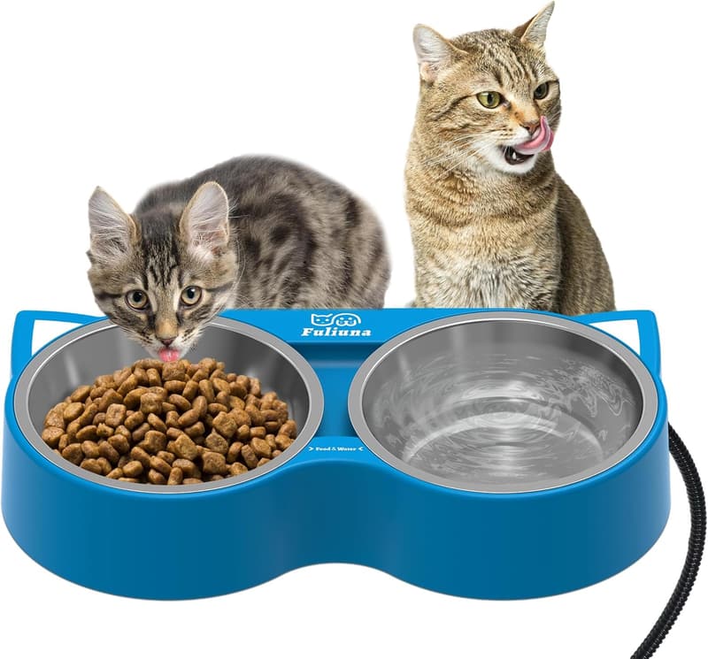 Heated Outdoor Cat Bowl Set with Stainless Steel Bowls