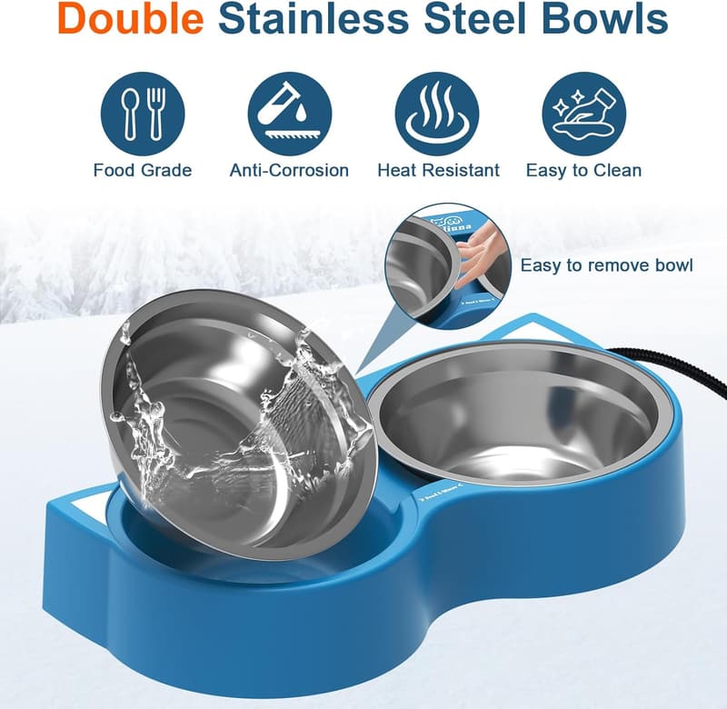 Heated Outdoor Cat Bowl Set with Stainless Steel Bowls