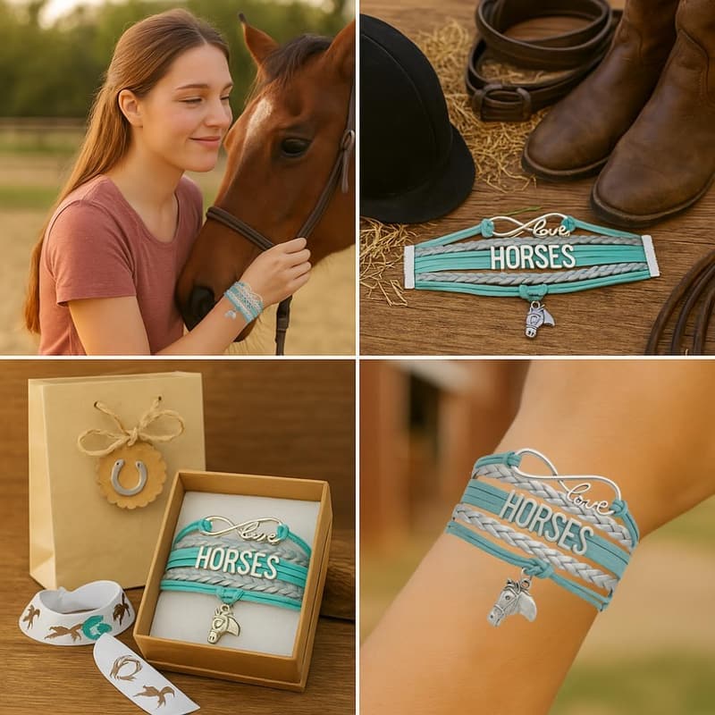 Teal and Silver Infinity Horse Bracelet for Equestrian Lovers