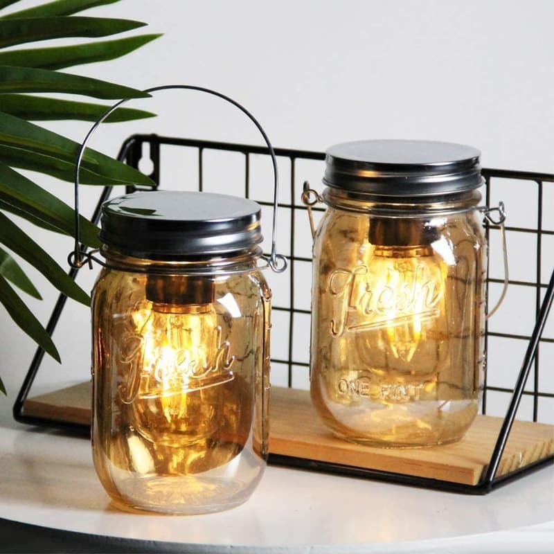 Outdoor LED Mason Jar Lanterns - 2-Pack with Timer, Amber
