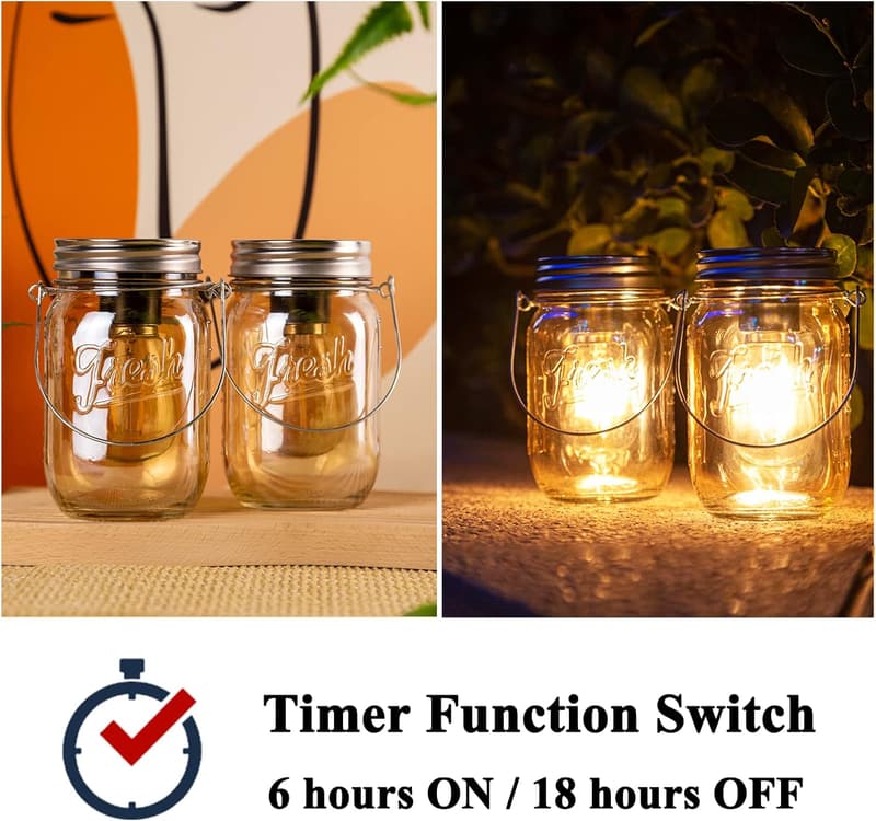 Outdoor LED Mason Jar Lanterns - 2-Pack with Timer, Amber