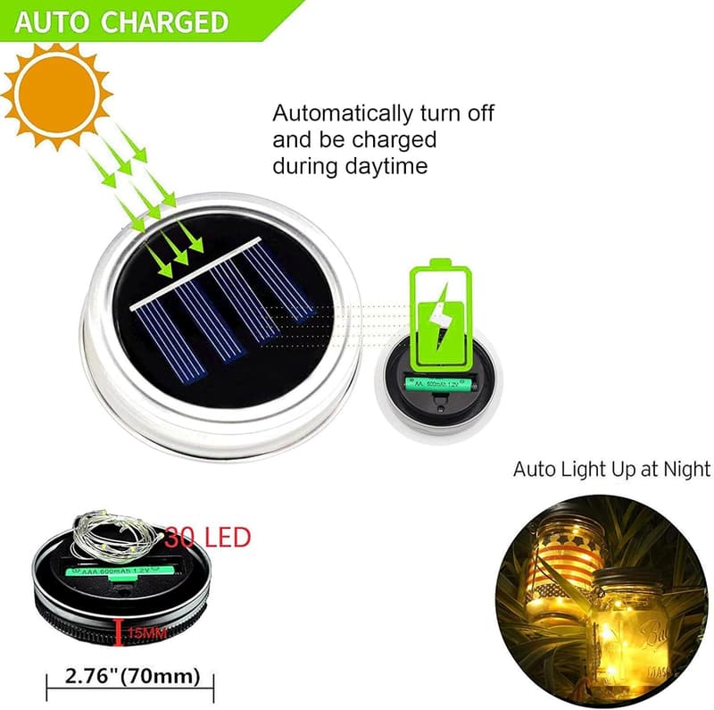 6 Pack Solar Mason Jar Lights - 30 LED Fairy Lights for Outdoor Decor
