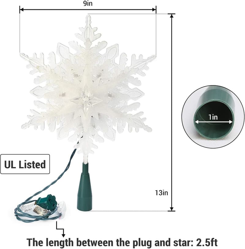 Lighted Snowflake Tree Topper with 20 Warm White Lights