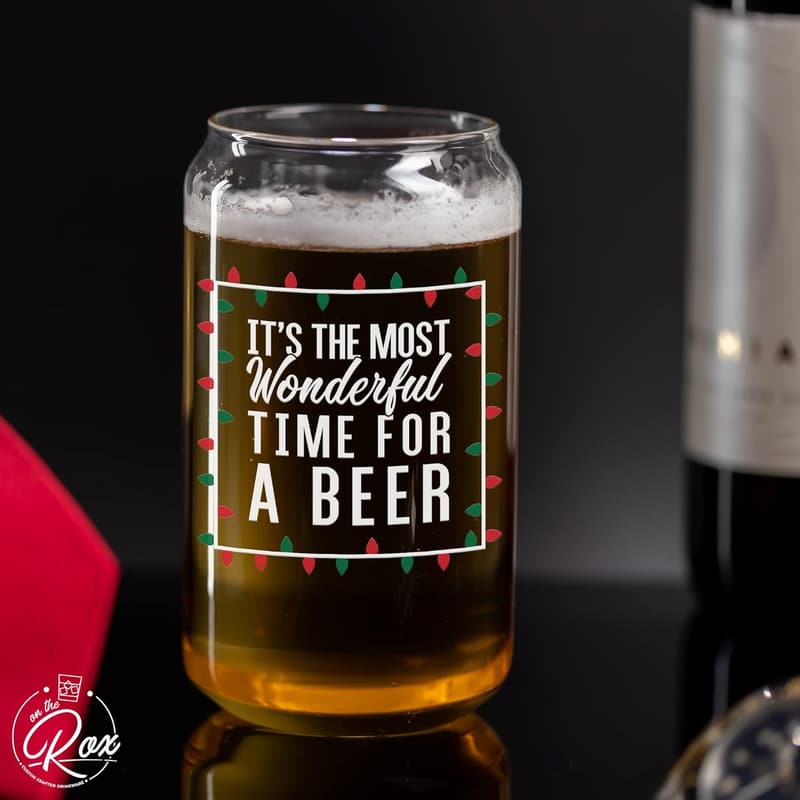 Most Wonderful Time Beer Glass - 16 oz, Red, Green, White