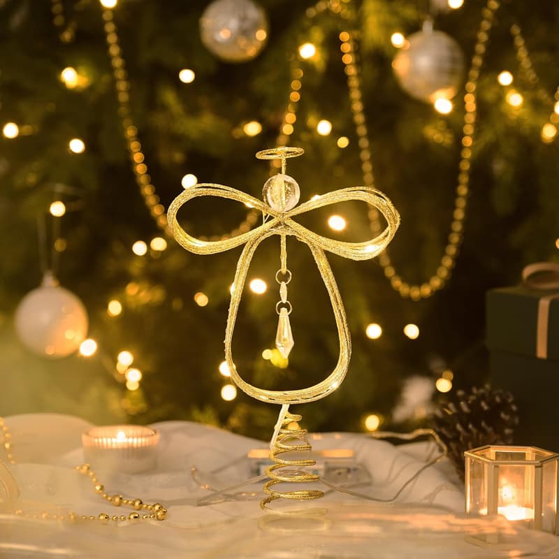 Lighted Gold Metal Angel Christmas Tree Topper with Timer