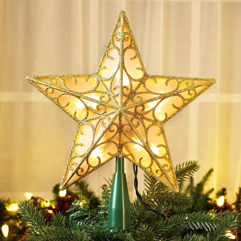 Christmas Star Tree Topper – 9.5” Gold 3D Glittered Design with Lights