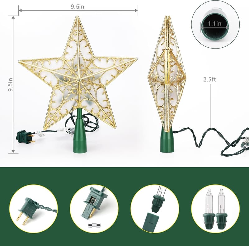 Christmas Star Tree Topper – 9.5” Gold 3D Glittered Design with Lights