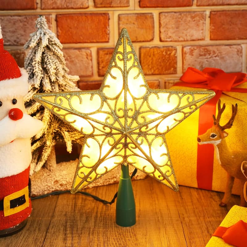 Christmas Star Tree Topper – 9.5” Gold 3D Glittered Design with Lights