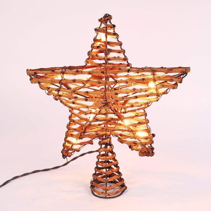 12-Inch Rattan Star Christmas Tree Topper with 10 Warm Lights