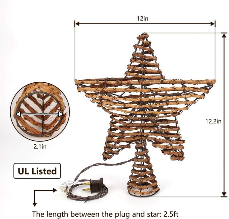 12-Inch Rattan Star Christmas Tree Topper with 10 Warm Lights