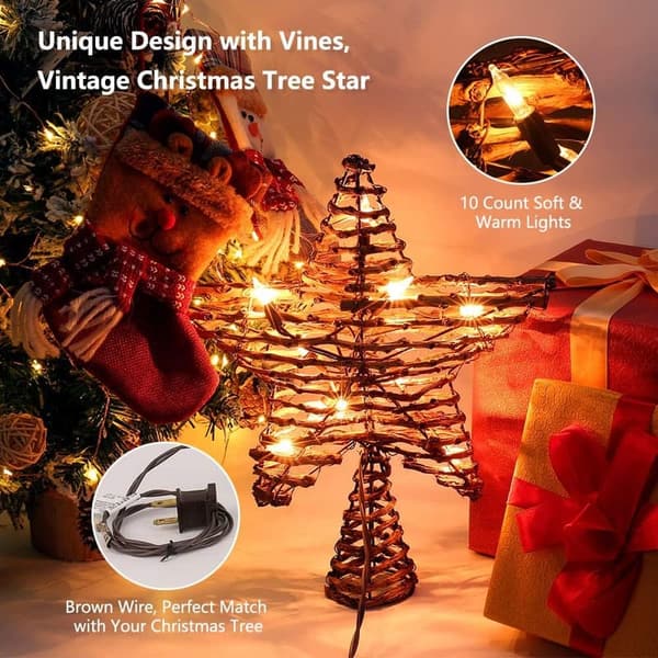 12-Inch Rattan Star Christmas Tree Topper with 10 Warm Lights