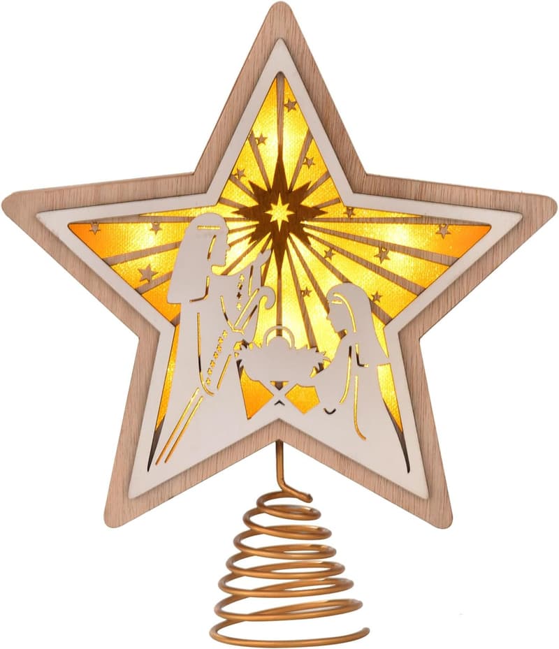 LED Wooden Star Christmas Tree Topper with 6-Hour Timer
