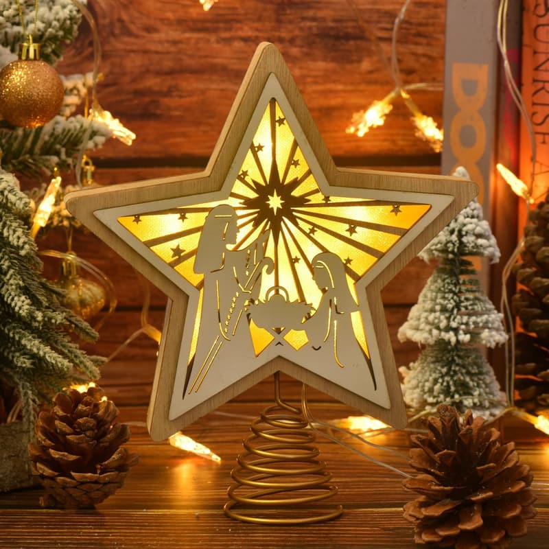 LED Wooden Star Christmas Tree Topper with 6-Hour Timer