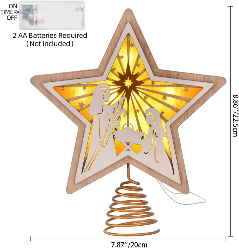 LED Wooden Star Christmas Tree Topper with 6-Hour Timer