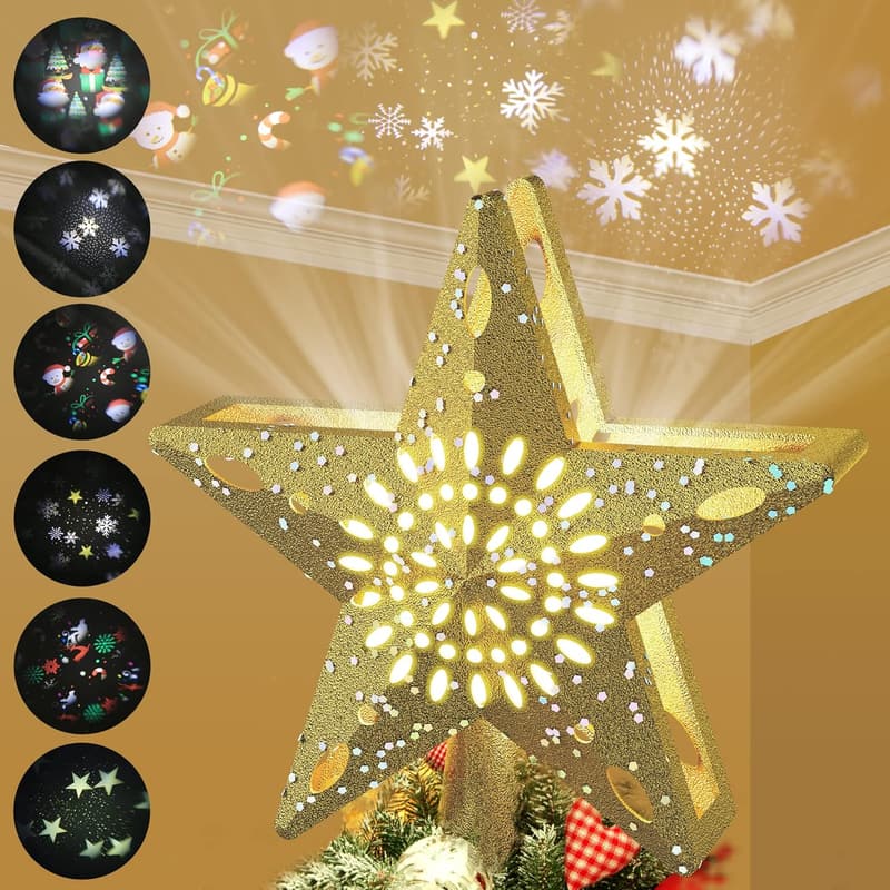 Gold Star Christmas Tree Topper with LED Snowflake Projector