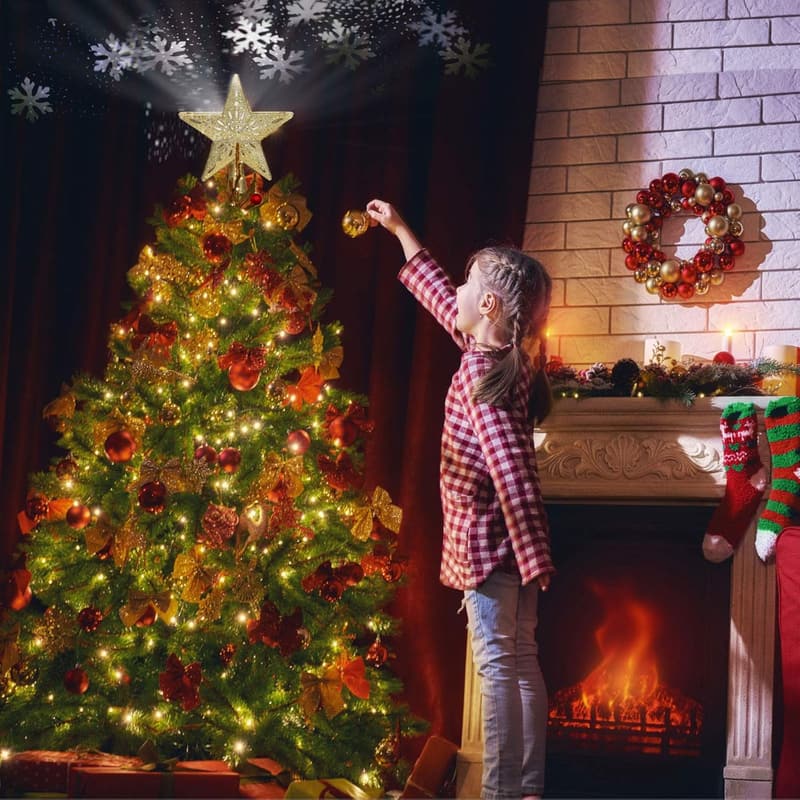 Gold Star Christmas Tree Topper with LED Snowflake Projector