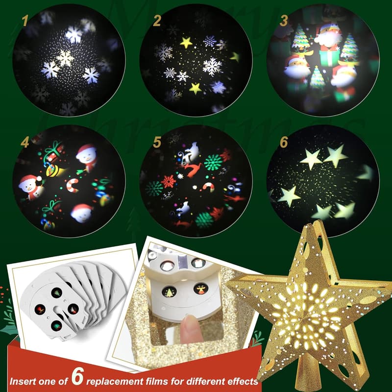Gold Star Christmas Tree Topper with LED Snowflake Projector