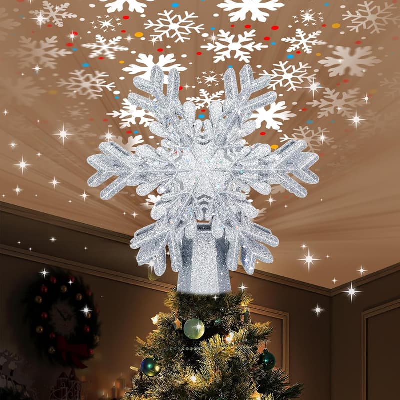 3D Rotating Silver Snowflake Tree Topper for Christmas Decor