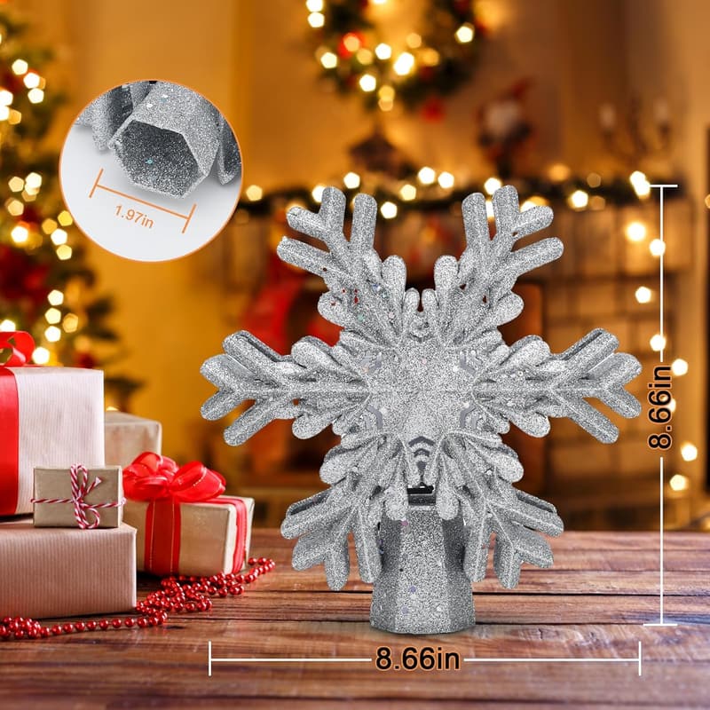 3D Rotating Silver Snowflake Tree Topper for Christmas Decor