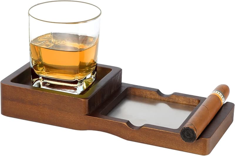Cigar Accessory Set: Wooden Ashtray and Whiskey Glass Tray