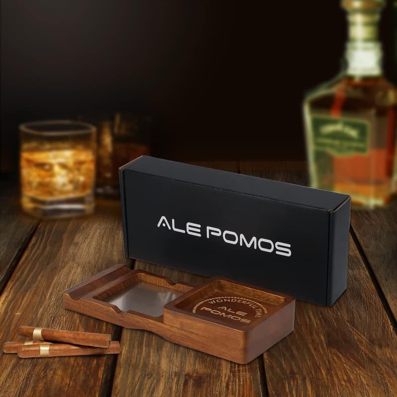 Cigar Accessory Set: Wooden Ashtray and Whiskey Glass Tray