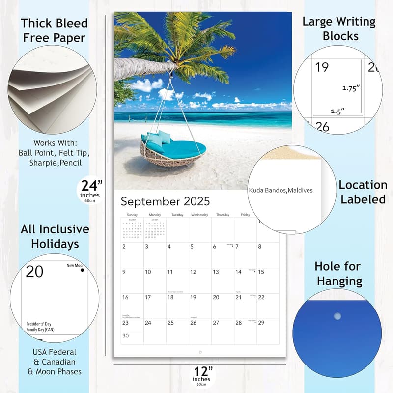 2025 Tropical Paradise Wall Calendar - Beach Photography Gift