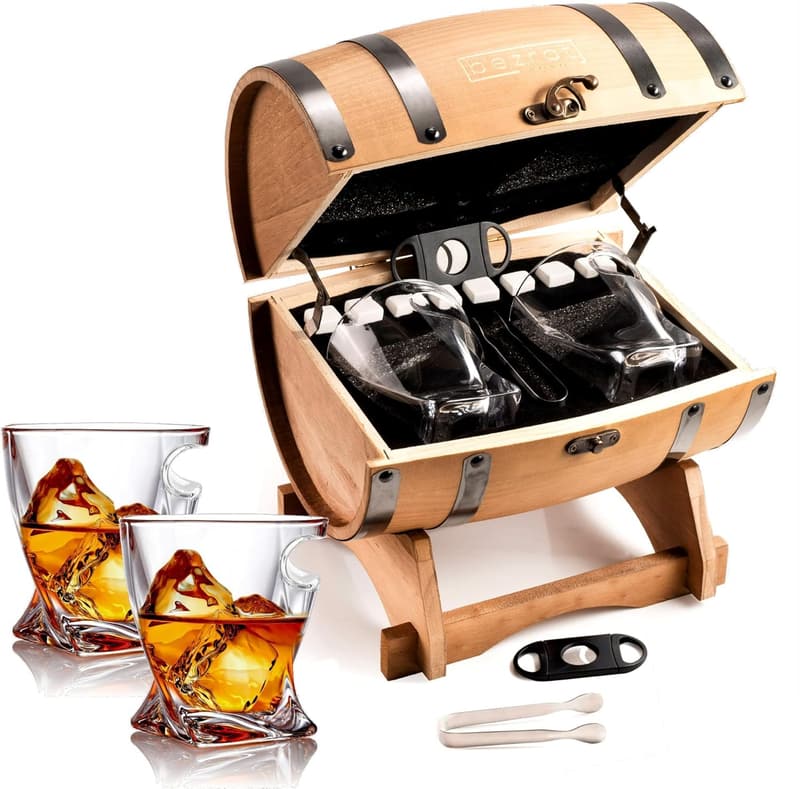 Whiskey Glass Gift Set with Stones in Barrel Box for Men