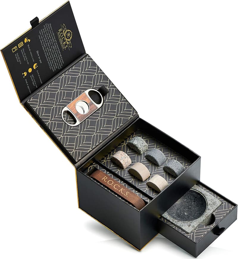 Whiskey Stones Gift Set with Cigar Accessories in Gold Foil Box