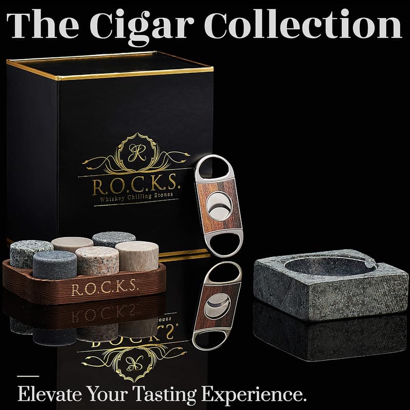 Whiskey Stones Gift Set with Cigar Accessories in Gold Foil Box