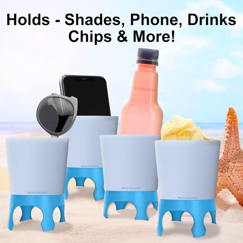 Beach Drink Holder Coaster Set - 4 Pack for Bottles & Sunglasses