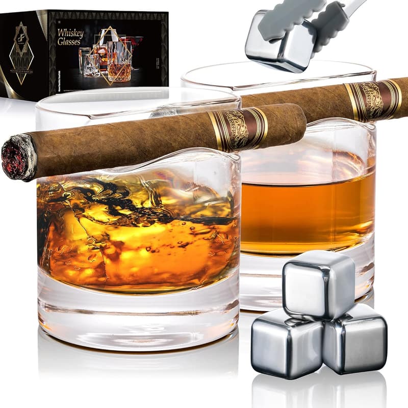 Whiskey Glass Set with Cigar Holder & Ice Cubes - Gift for Men