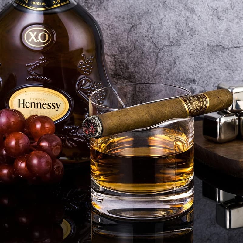 Whiskey Glass Set with Cigar Holder & Ice Cubes - Gift for Men