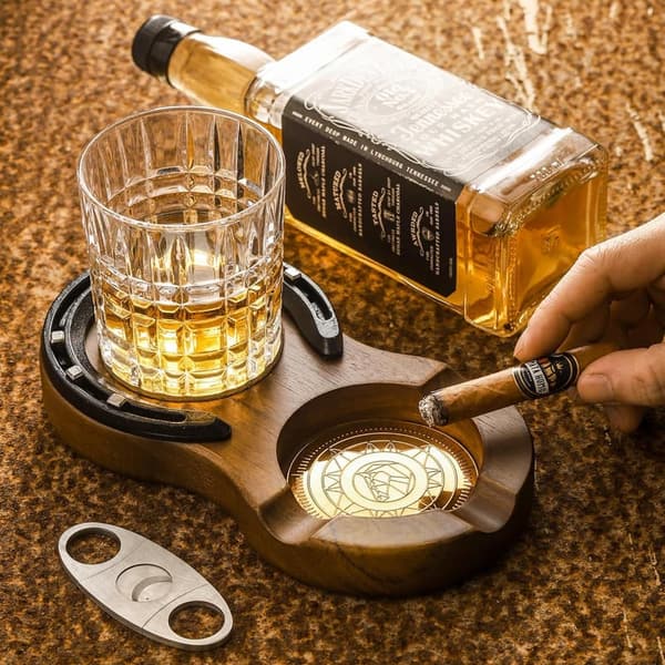 Handmade Wooden Whiskey Glass & Cigar Ashtray Coaster Tray
