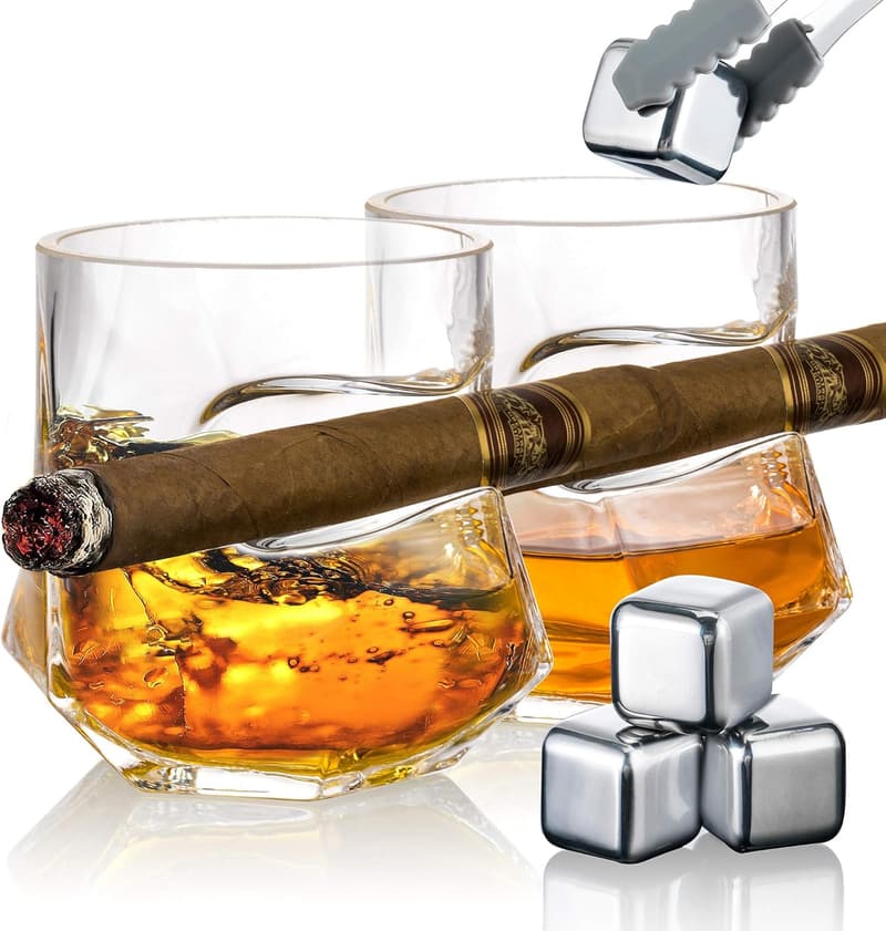Whiskey Glass Set with Cigar Holder and Ice Cubes - Gifts for Men