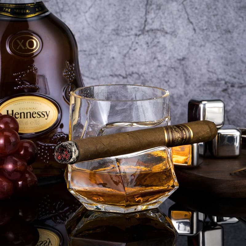Whiskey Glass Set with Cigar Holder and Ice Cubes - Gifts for Men