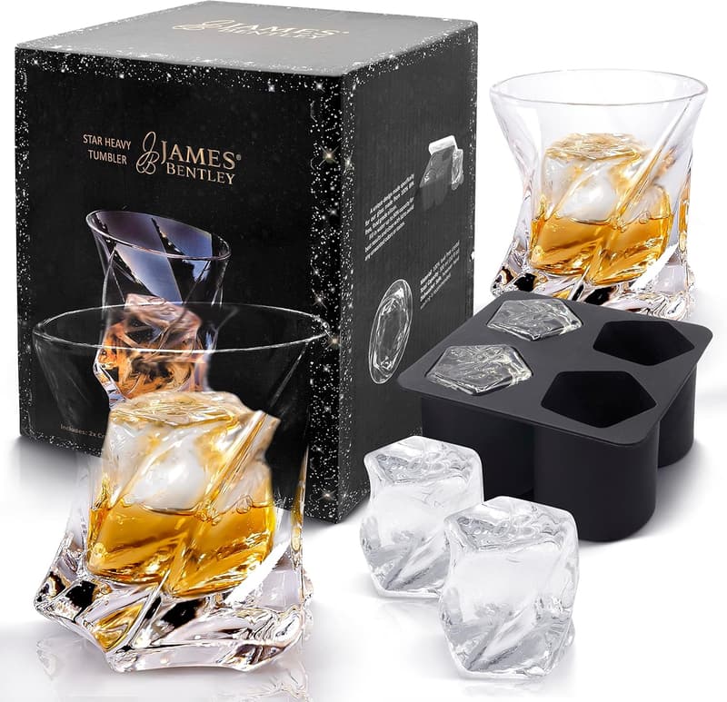 Hand Blown Crystal Whiskey Glass Set with Ice Mold for Men
