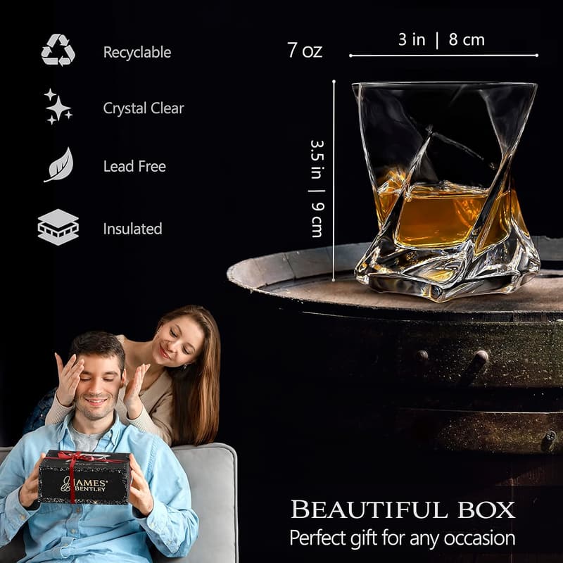 Hand Blown Crystal Whiskey Glass Set with Ice Mold for Men
