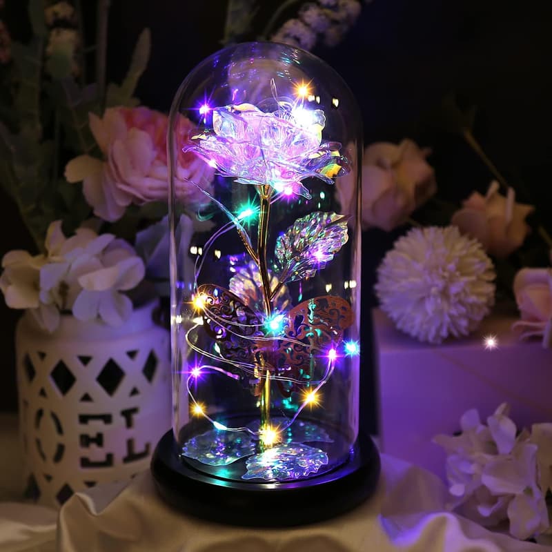 Galaxy Rose Gift for Mom – Light Up Crystal Flower in Glass Dome
