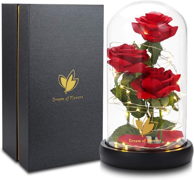 LED Light-Up Rose in Glass Dome - Birthday Gift for Women