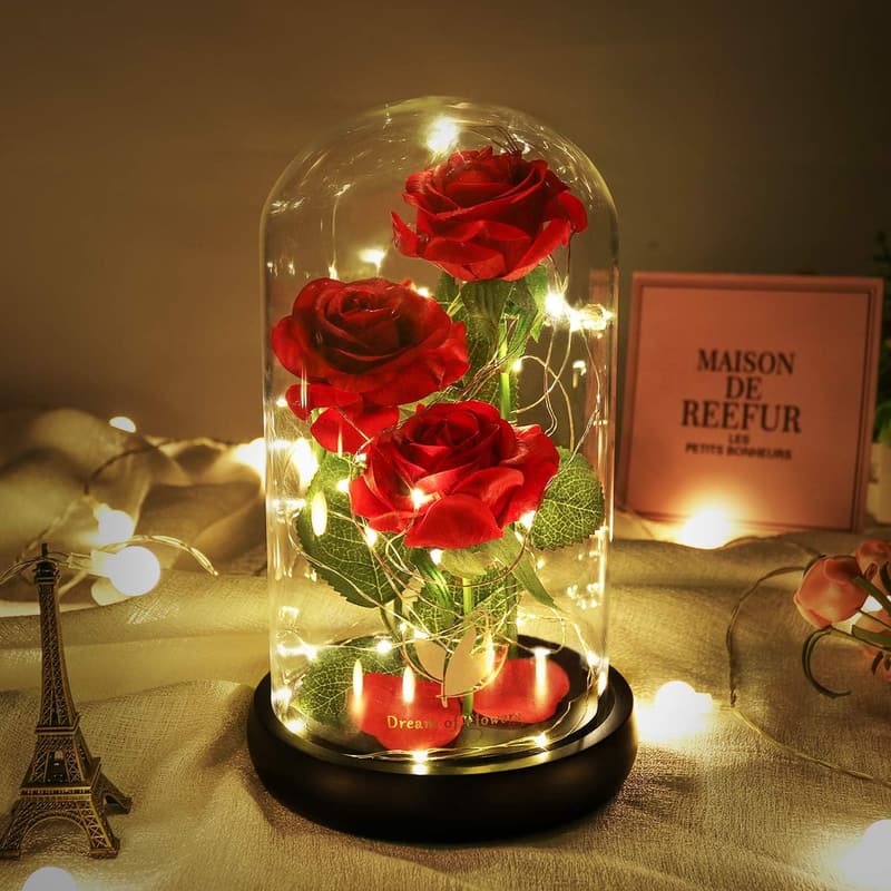 LED Light-Up Rose in Glass Dome - Birthday Gift for Women