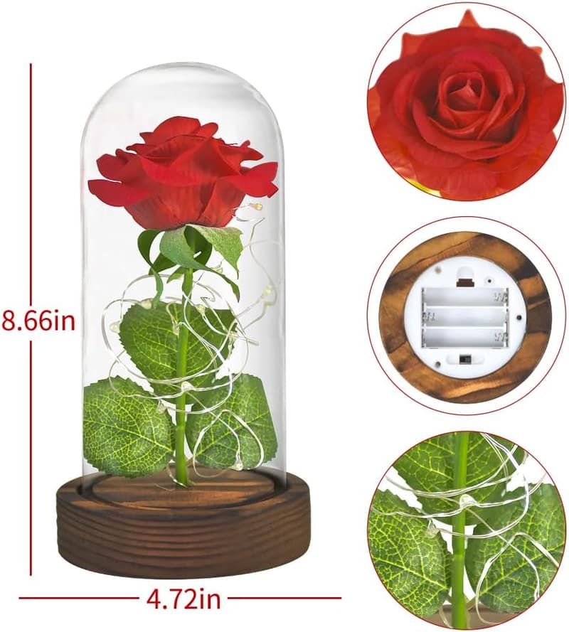 Preserved Red Silk Rose in Glass Dome with LED Lights for Women