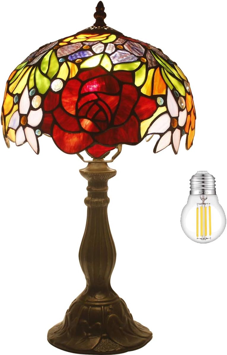 Tiffany Style Stained Glass Table Lamp - Red Rose Design