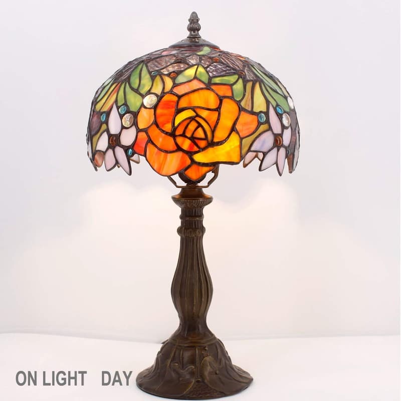 Tiffany Style Stained Glass Table Lamp - Red Rose Design