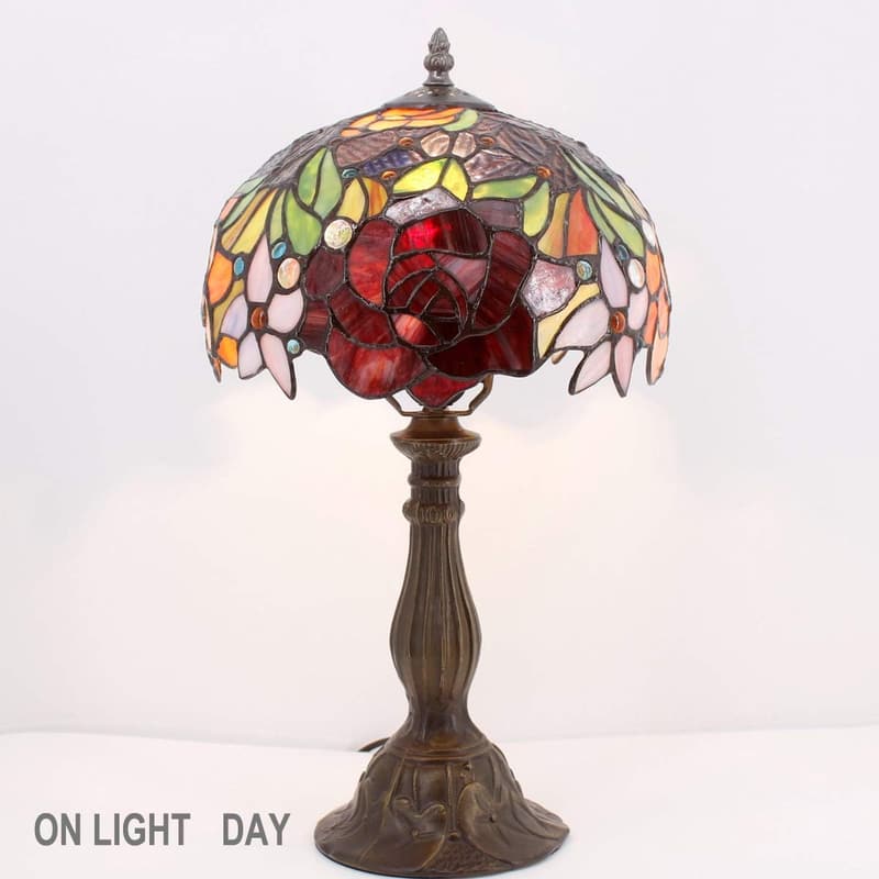Tiffany Style Stained Glass Table Lamp - Red Rose Design