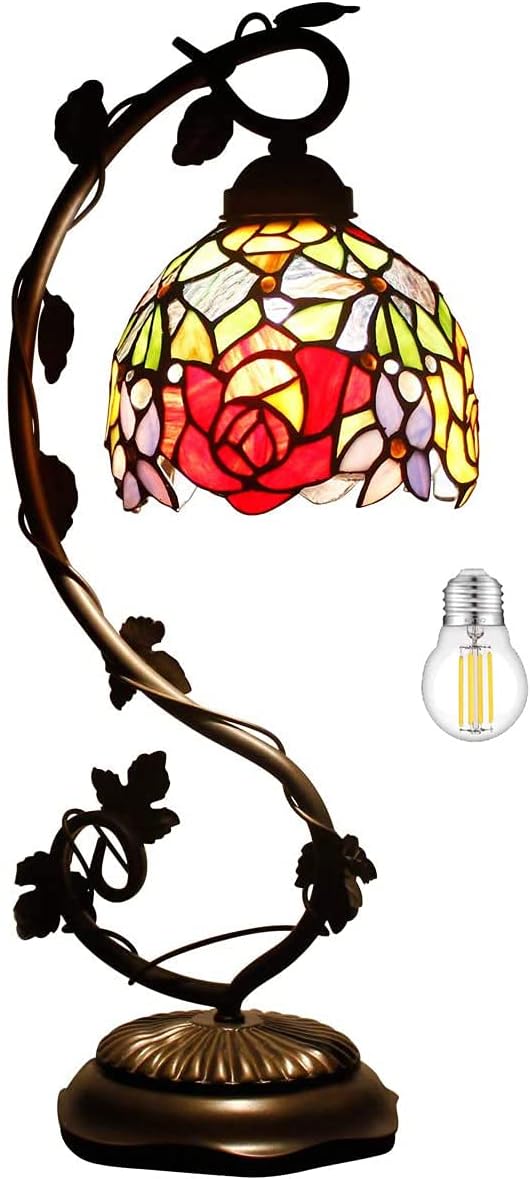 Tiffany-Style Red Rose Table Lamp with Metal Leaf Base 21