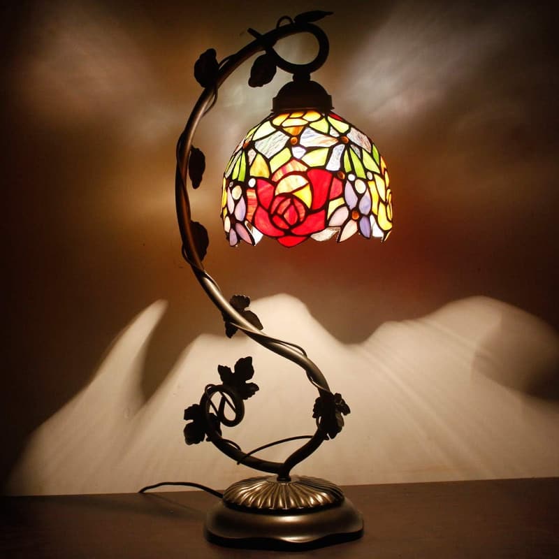 Tiffany-Style Red Rose Table Lamp with Metal Leaf Base 21