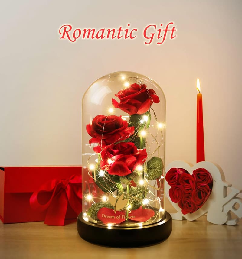 Graduation/Anniversary Silk Rose in Glass Dome with LED Lights
