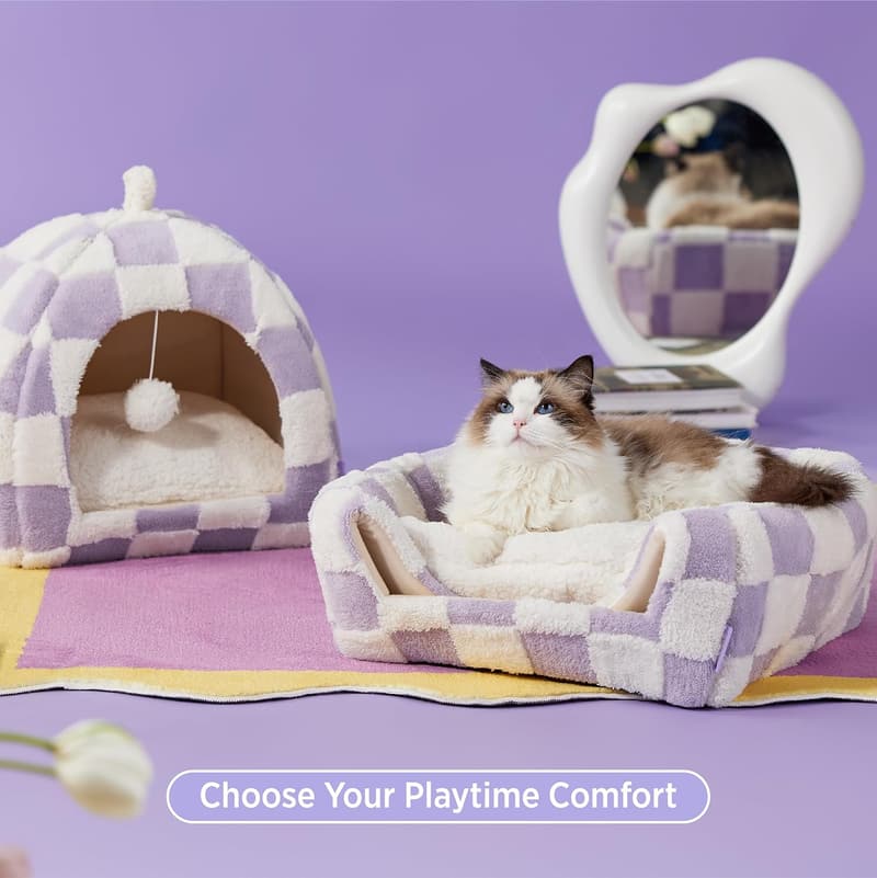 Cozy 2-in-1 Cat Cave Bed with Removable Pillow - Purple