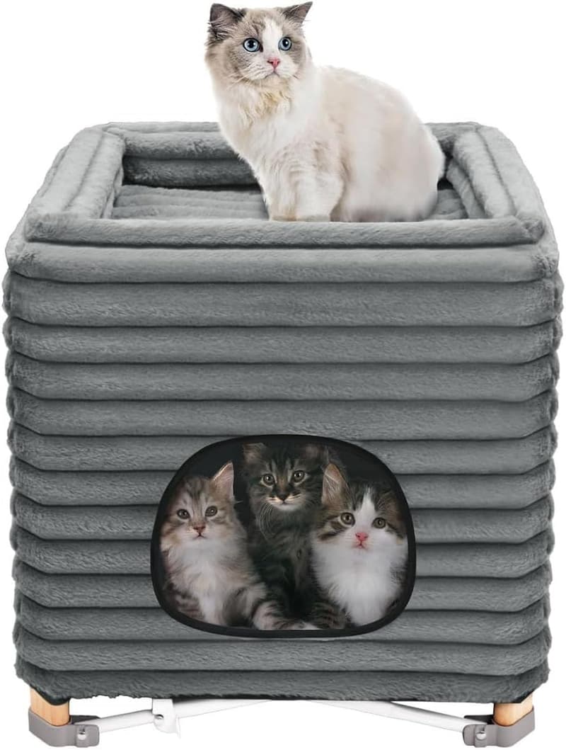 2-Tier Pine Cat Bed & Hammock for Large Cats, Grey