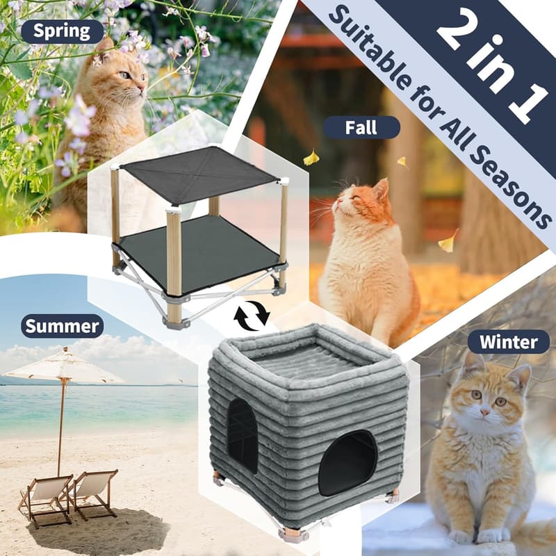 2-Tier Pine Cat Bed & Hammock for Large Cats, Grey